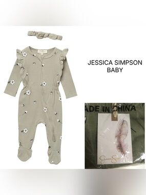 JESSICA SIMPSON BABY - 6/9M - NWT - 2PC GREEN FLORAL SLEEPER AND HEADBAND